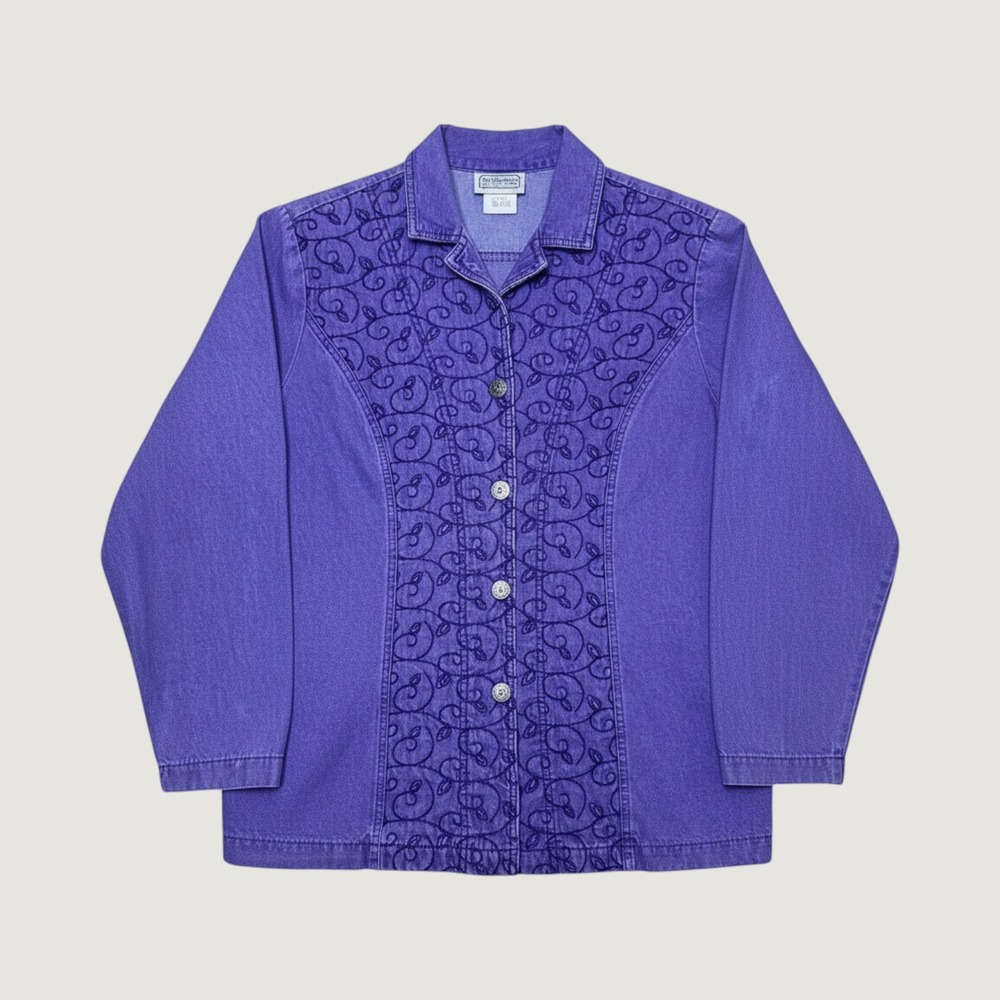 Vtg Purple Denim Saint Germain Paris Embroidered Leaf Jacket Womens M Cotton USA
